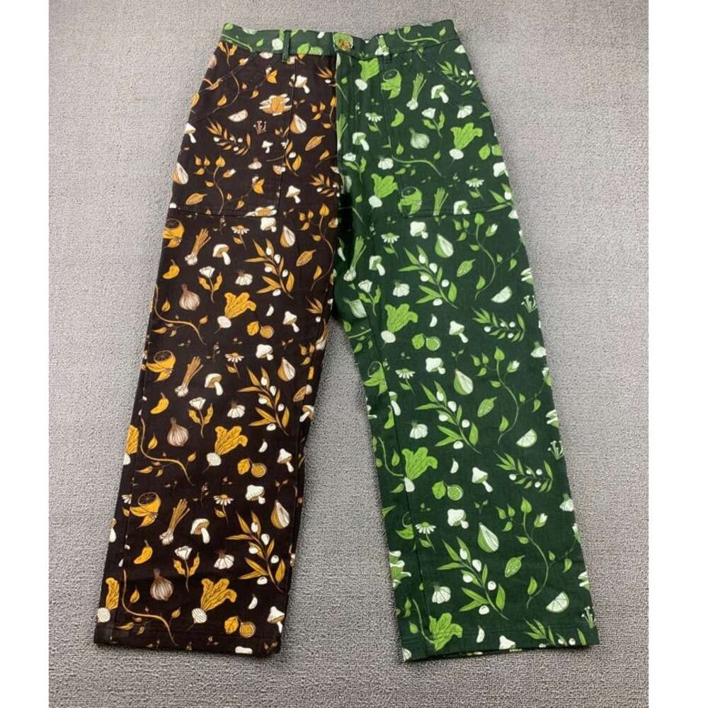 Big Bud Press Work Pants Men M Green Brown Multi Vegetable Print Workwear